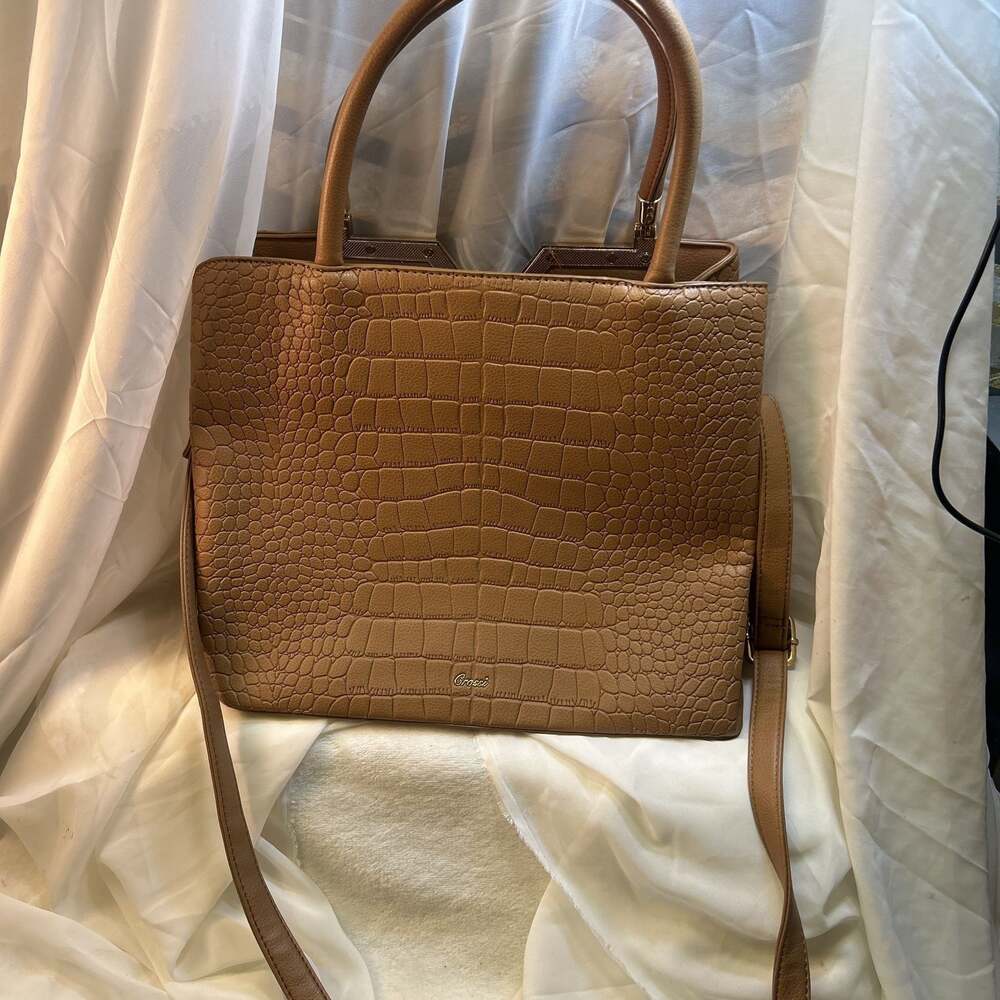 Crossi New York Tan Mock Croc Satchel | Top Handle Crossbody